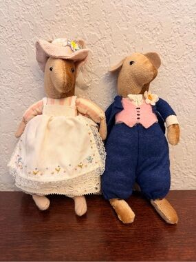 Vintage Handmade Plush Mice Dolls Mum & Dad Wedding Couple Bride And Groom